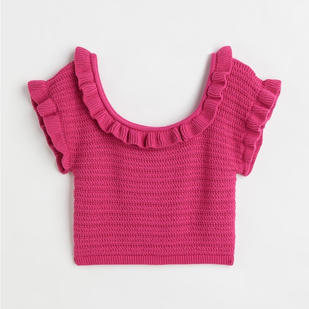 🔴 H&M Pink CROPPED FLOUNCE-TRIMMED TOP